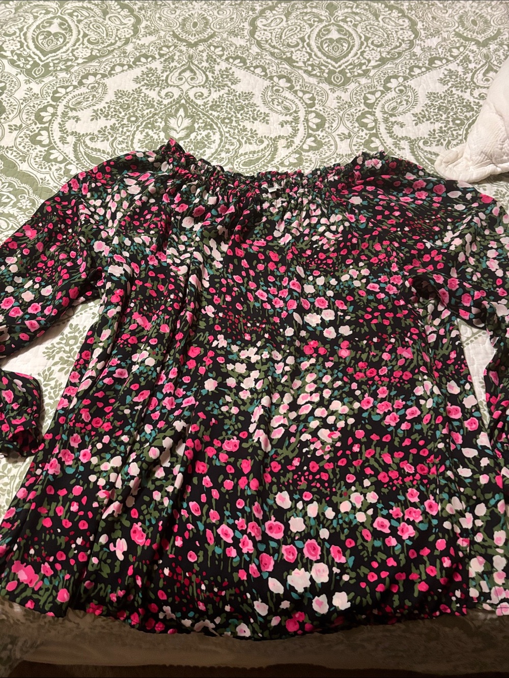 Talbots Black Floral Elastic-Neck Blouse with Pink & Green Accents
